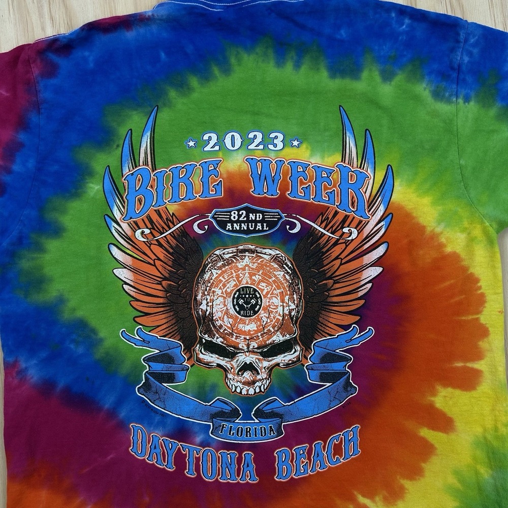 Daytona Beach Bike Week 2023 Men's Medium Tie Dye Skull Wings Biker T Shirt